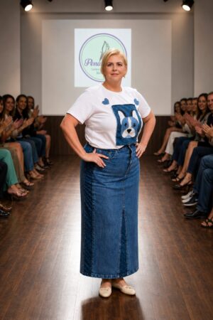 Saia jeans plus size, com detalhes nas laterais e na frente.